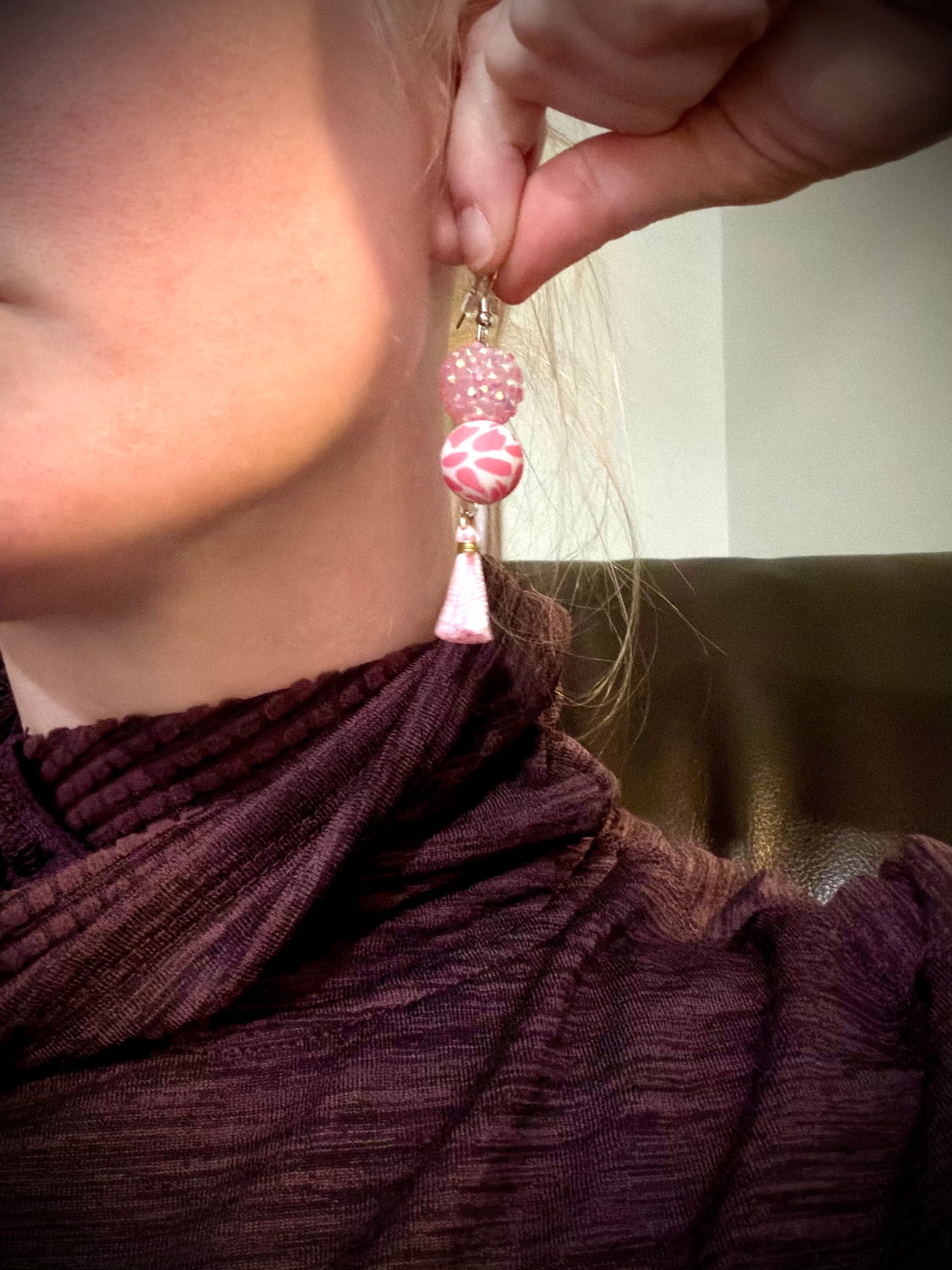 Sparkly Pink Cow Tassel Earrings