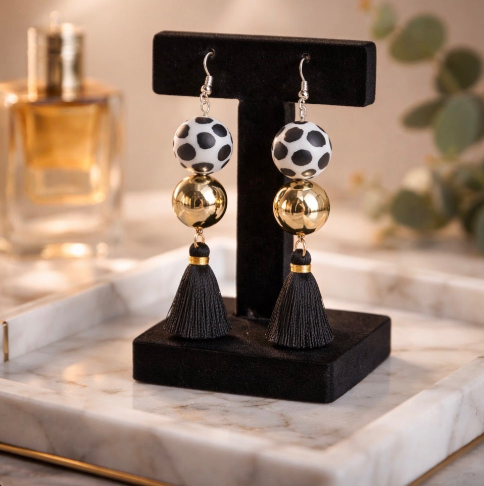 Black and Gold Cow Tassel Earrings