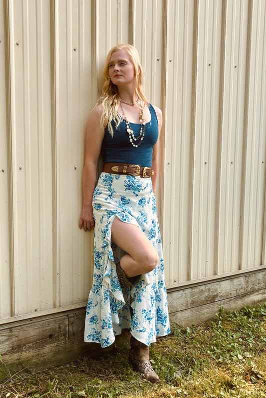 Blue Floral Slit Skirt