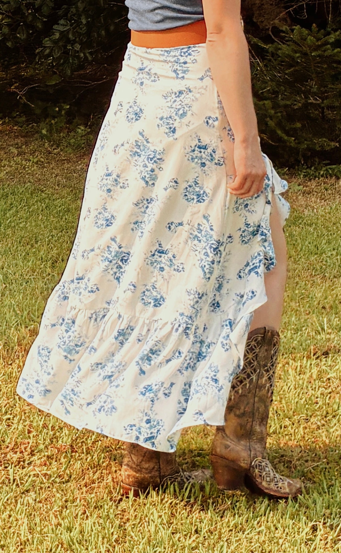 Blue Floral Slit Skirt