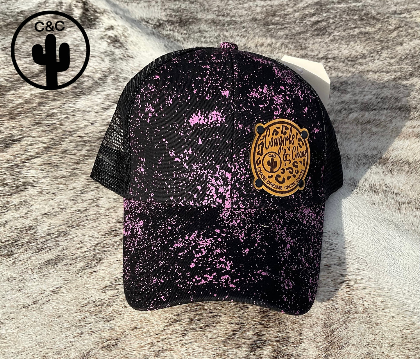 Pink/Black Splash Ponytail Cap
