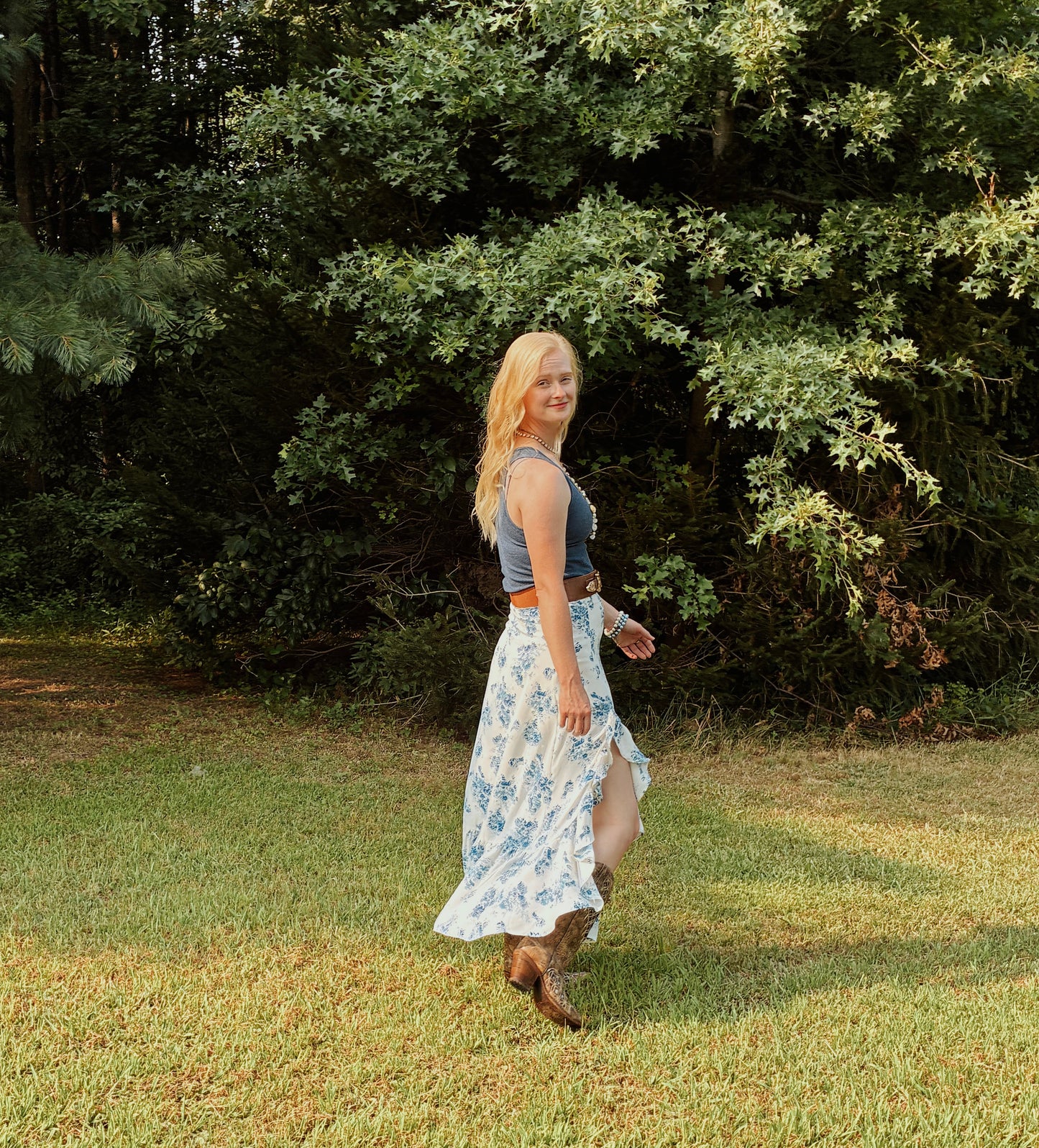 Blue Floral Slit Skirt