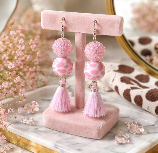 Sparkly Pink Cow Tassel Earrings