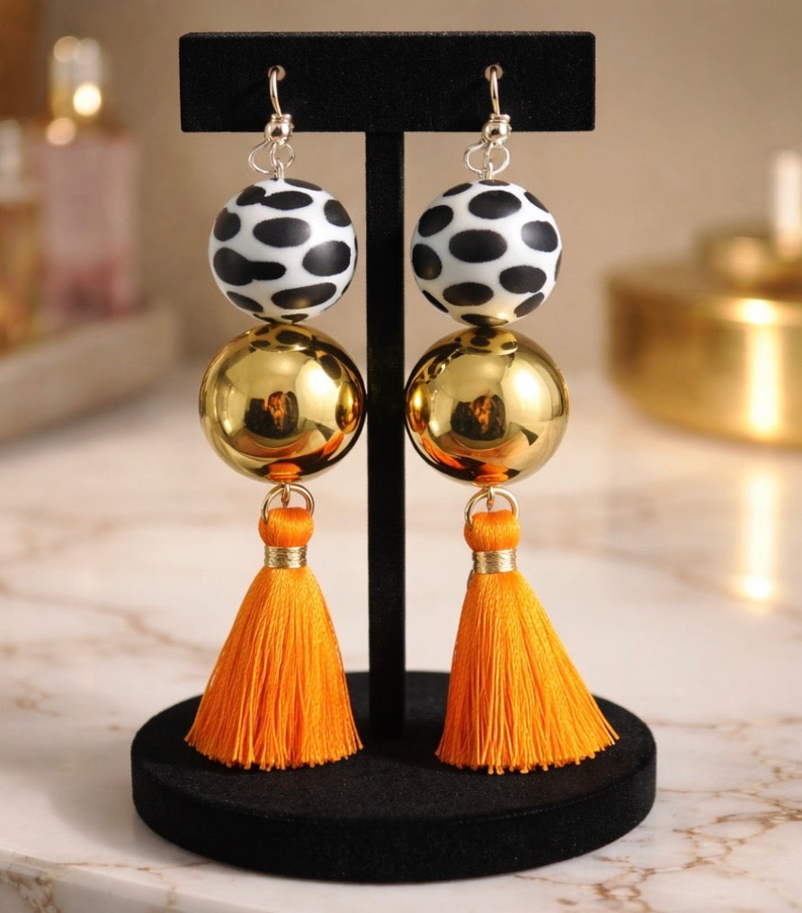 Orange and Gold Cow Print Tassel Earrings