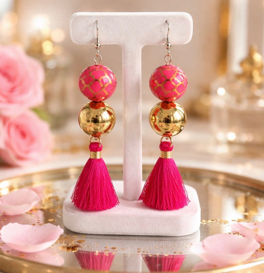 Hot Pink and Gold Tassel Earrings