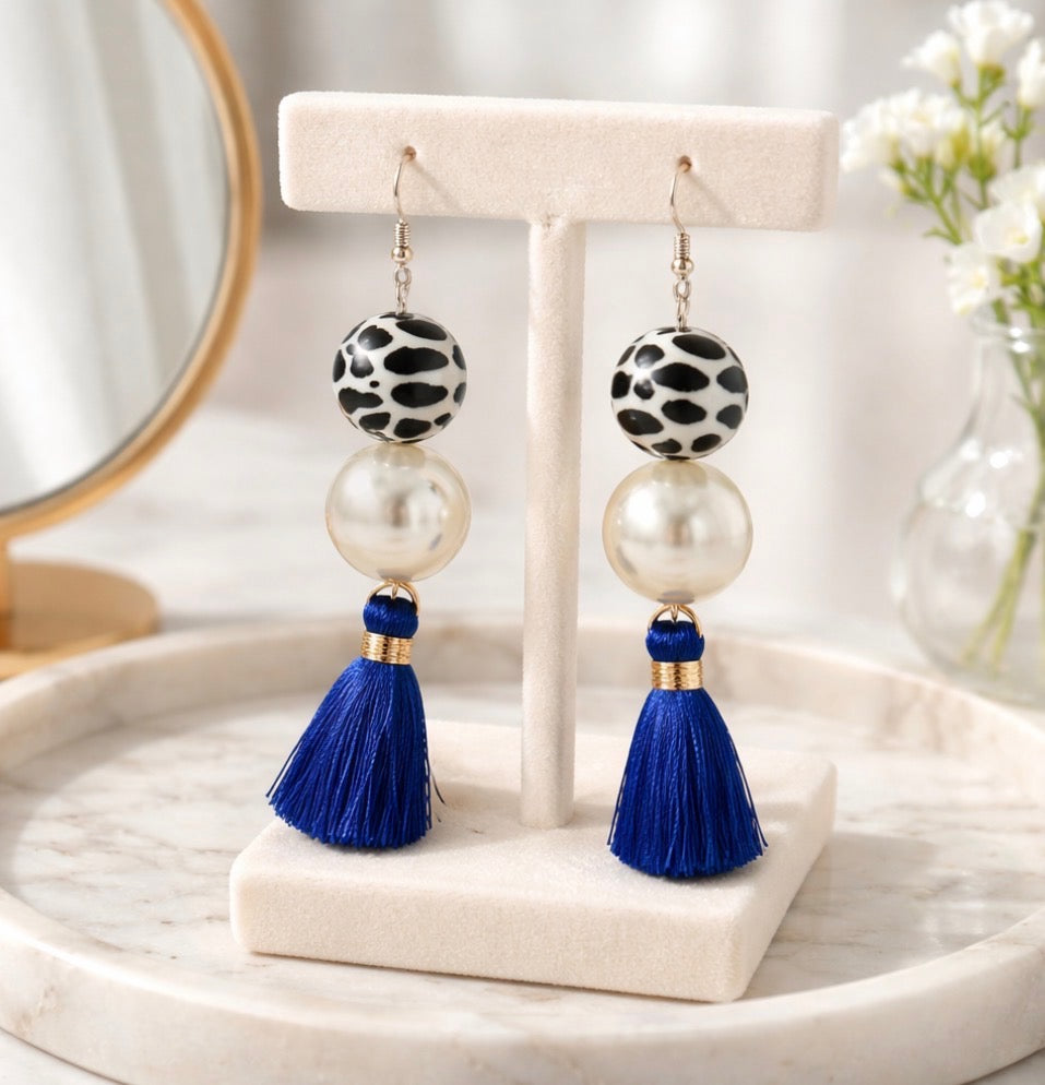 Blue Pearl Cow Print Tassel Earrings