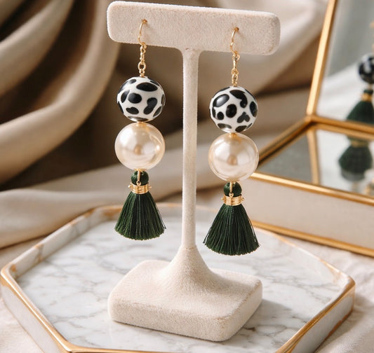 Green and Pearl Cow Print Tassel Earrings